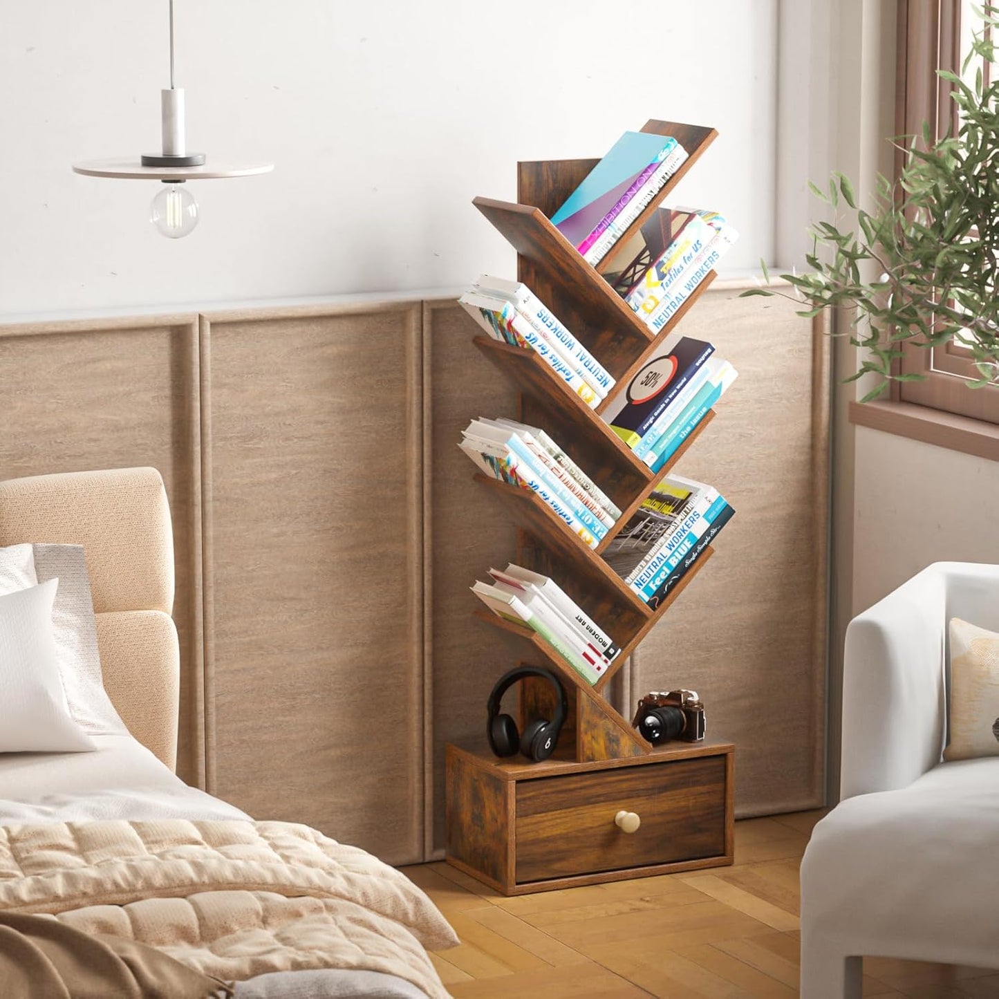 8 Tier Tree Bookshelf with Drawer, Free Standing Wood Bookcase for Narrow Space, Storage Organizer Bookshelves for Books, Book Case for Home Office, Living Room, Bedroom, Rustic Brown