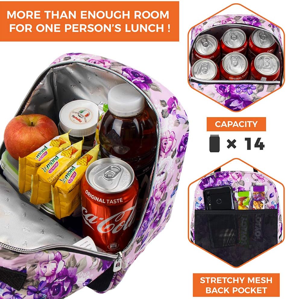 opux Lunch Box for Girls Boys Kids, Insulated Leakproof Lunch Bag, Reusable Teen Lunch Boxes for School, Medium Large lunchbox for Women Men Adult for Work with Front Back Pocket (Floral Purple)