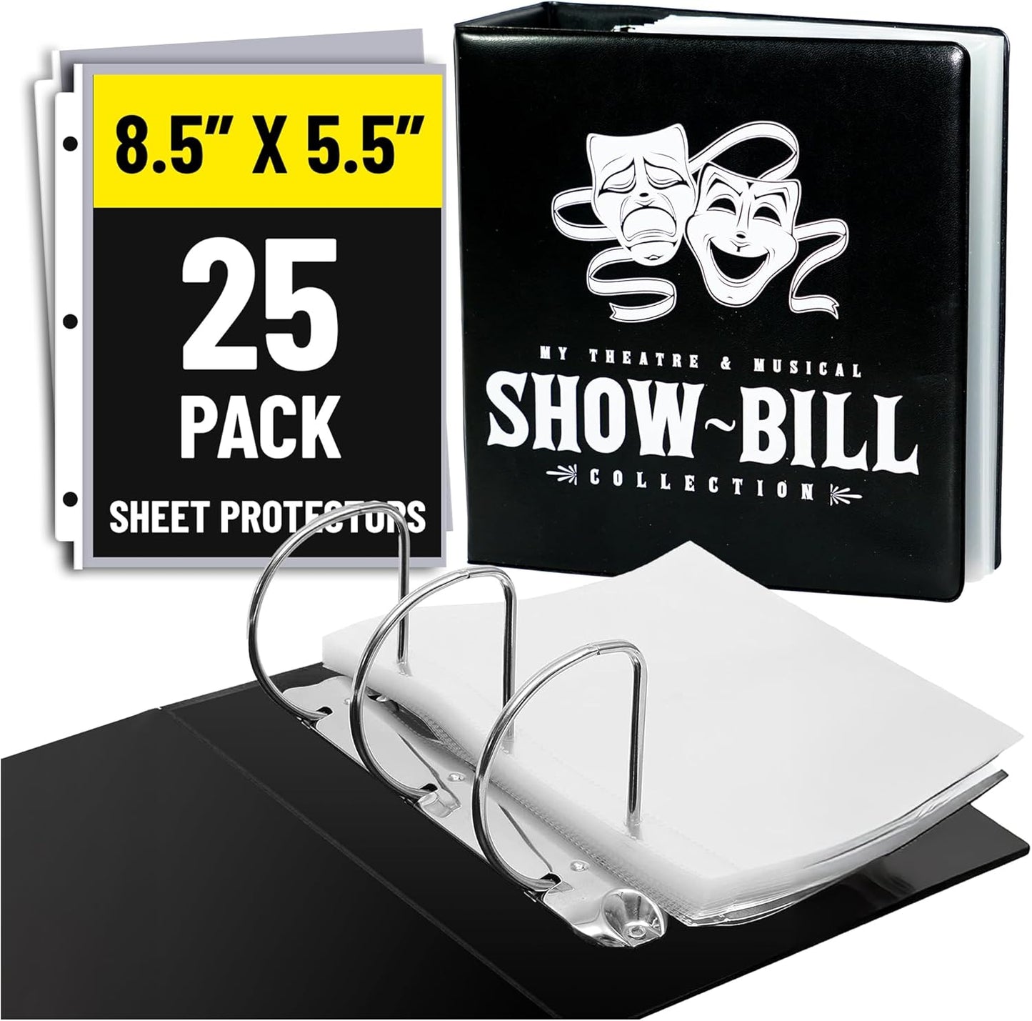 Show-Bill/Playbill Binder for Broadway and Theatre Show-Bills, Comes with 20 Sheet Protectors to Hold and Organize All Your Playbills, D-Ring, Black, by Ring Binder Depot