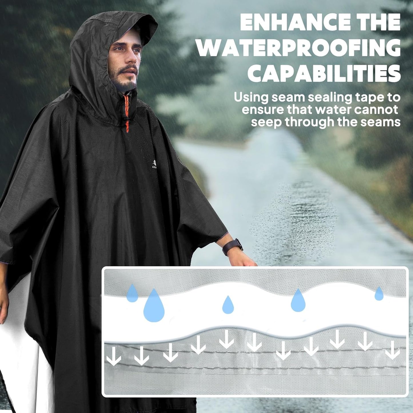 ANYOO Hooded Rain Poncho for Adults Waterproof Lightweight Rain Coat for Men Women Reusable Rain Jacket for Emergency Outdoor