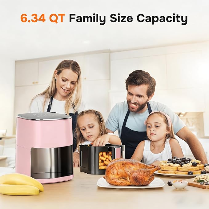 Simple Deluxe 12-in-1 Air Fryer 6.34 Qt, Digital Preset Airfryer with Visible Window, Nonstick and Dishwasher-Safe Basket, Air Fry, Roast, Bake, Dehydrate, Fries, 1700W, Pink