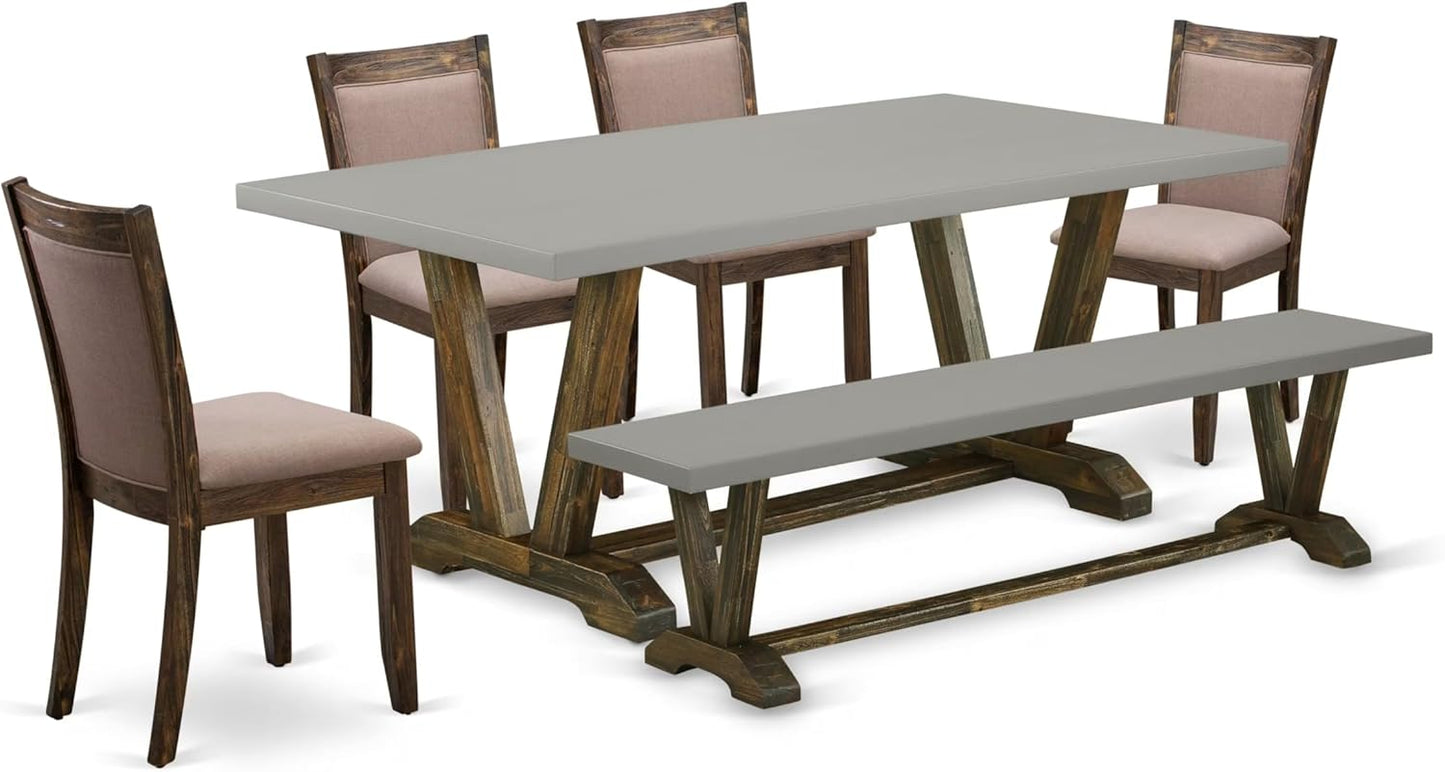 East West Furniture V797MZ748-6 6 Piece Modern Dining Table Set Contains a Rectangle Wooden Table with V-Legs and 4 Coffee Linen Fabric Parson Chairs with a Bench, 40x72 Inch, Multi-Color