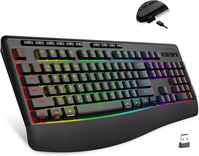 Premium Wireless Bluethooth Versatile Keyboard,8 RGB Backlit light up,Silent Touch Less Noise 95%,Ergonomic Wrist Rest,Wired Rechargeable,Tri-mode BT5.0/2.4GHz/USB C,Ideal For Gaming/PC Computer/Mac