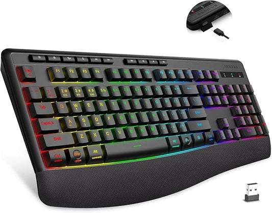 Premium Wireless Bluethooth Versatile Keyboard,8 RGB Backlit light up,Silent Touch Less Noise 95%,Ergonomic Wrist Rest,Wired Rechargeable,Tri-mode BT5.0/2.4GHz/USB C,Ideal For Gaming/PC Computer/Mac