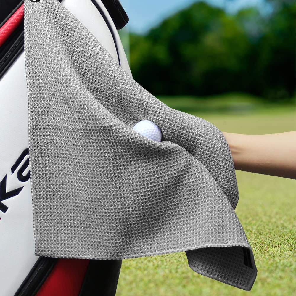 Myartte 2pcs Golf Towels for Golf Bag for Men Women Golfer Microfiber Fabric Waffle Pattern 16’’×16’’(Gray)