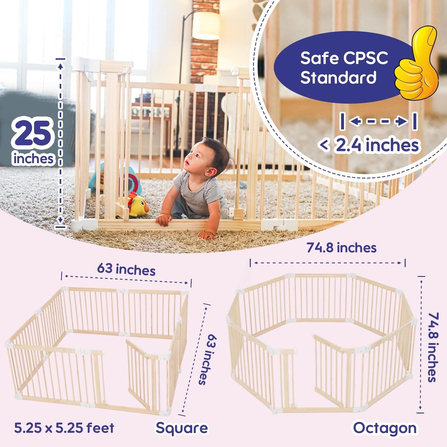 CONKKA Foldable Wooden Baby Playpen Large Play Yard for Babies, 2-in-1 New Mom Helper Portable Fence, 25" Tall Custom Wood Gate with Adjustable Size & Shape for Infants 3-18 Months -63x63x25 inch