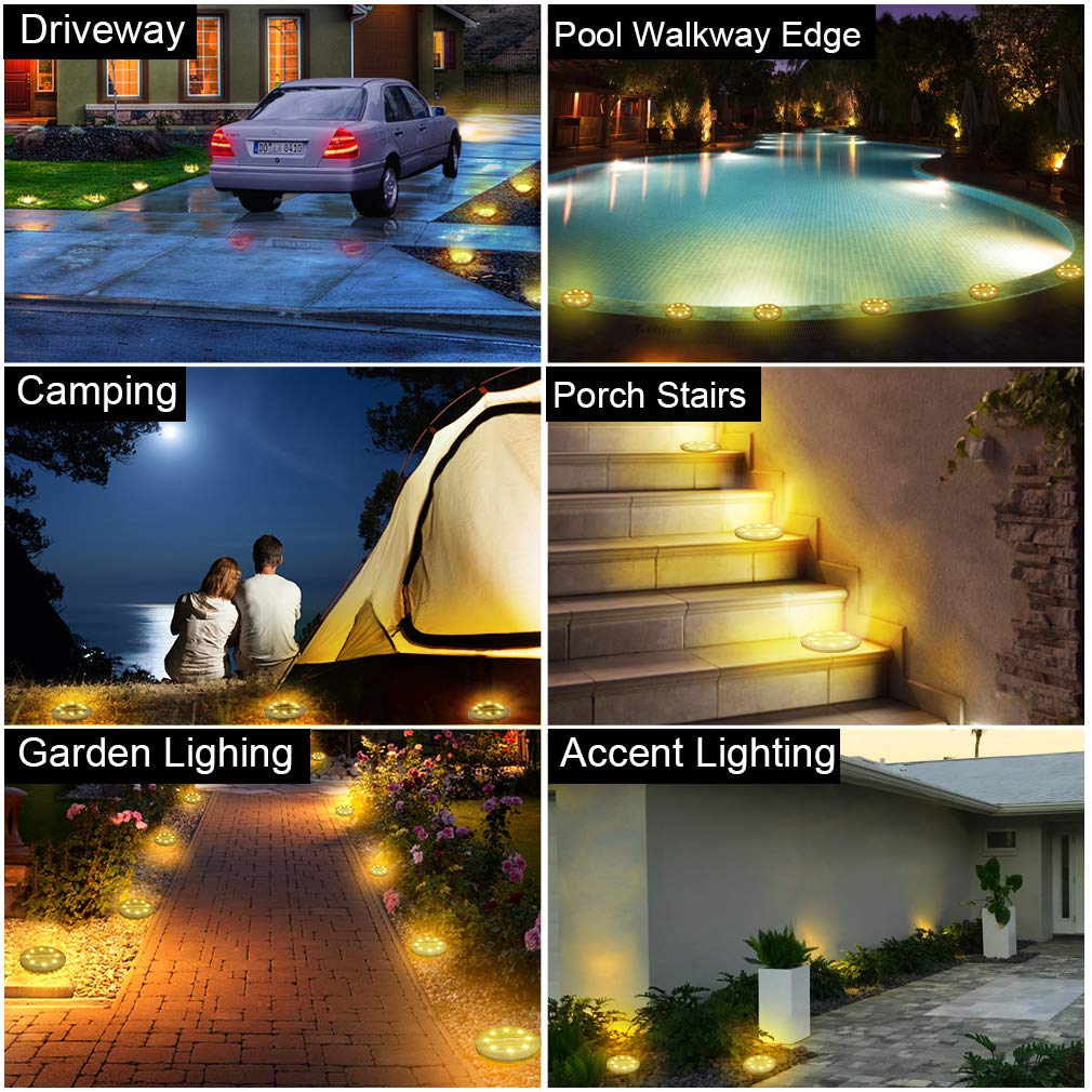 Solar Powered 8 Pack Outdoor LED Disk Lights - IP68 Waterproof, Non-Slip, Wear-Resistant Pathway Lights (Warm White)