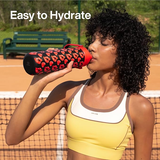 ENCOOL Valentine's Day Insulated Water Bottle with Straw Stainless Steel Water Bottle, Leak-Proof, BPA-Free, Keeps Cold for 24 Hours for Sports, Travel, School (26 oz, Kiss Love Red x Black)