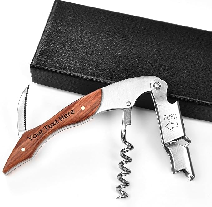 Wine Opener, Wine key, Corkscrew, Wine Bottle Opener w/Foil Cutter and Cap Remover for Servers, Bartenders, Waiters, Sommelier, Wine lover (Brown, Customize)