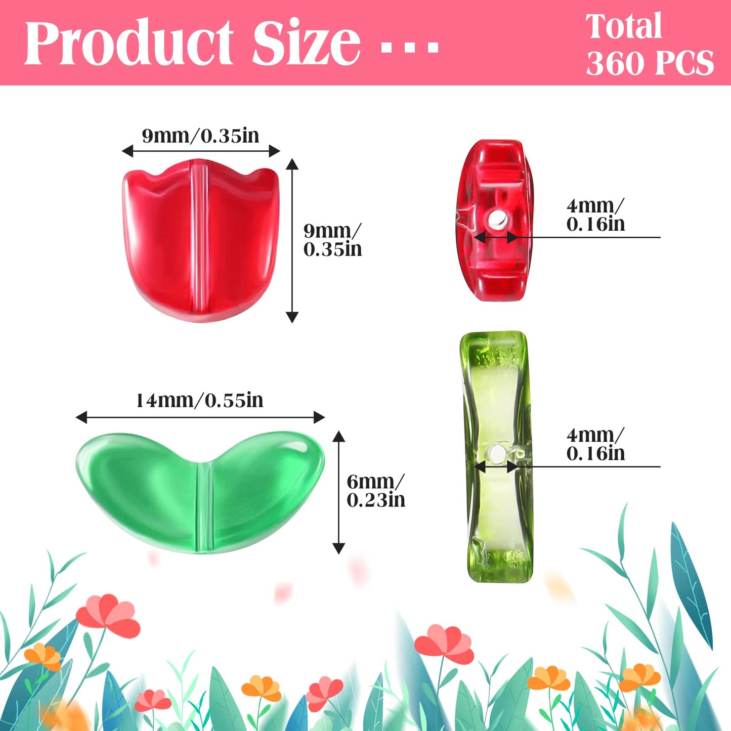 Huquary 320 Pcs Colorful Translucent Tulip Flower Beads Handcrafted Tulip Glass Spacer Bead Crystal Loose Glass Flower Beads for Jewelry Making Earring Bracelet DIY Craft Spring Summer Gifts