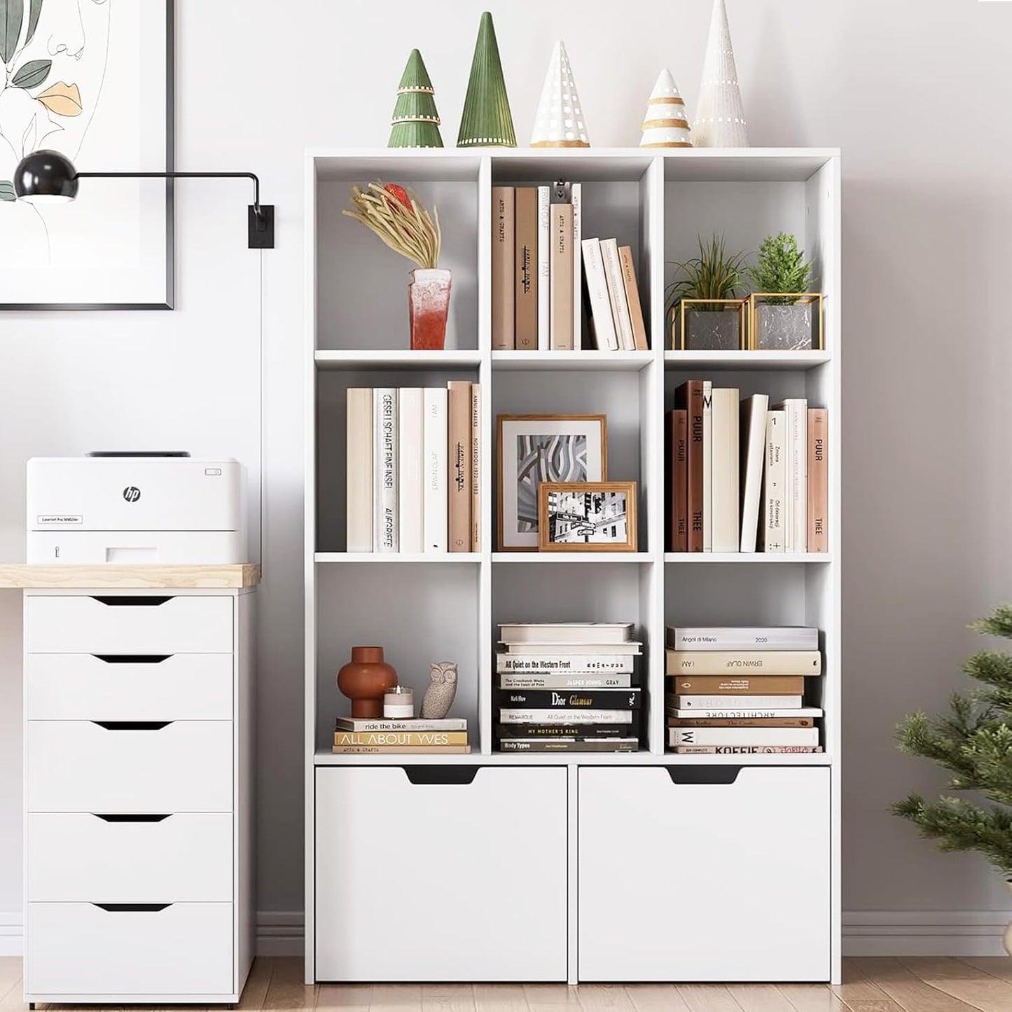 GarveeHome 55 Inches Tall Bookcase with 2 Drawers, Open Storage Bookshelf with 4 Tier Adjustable Shelves, Large Open Book Cabinet Standing for Home Office, White