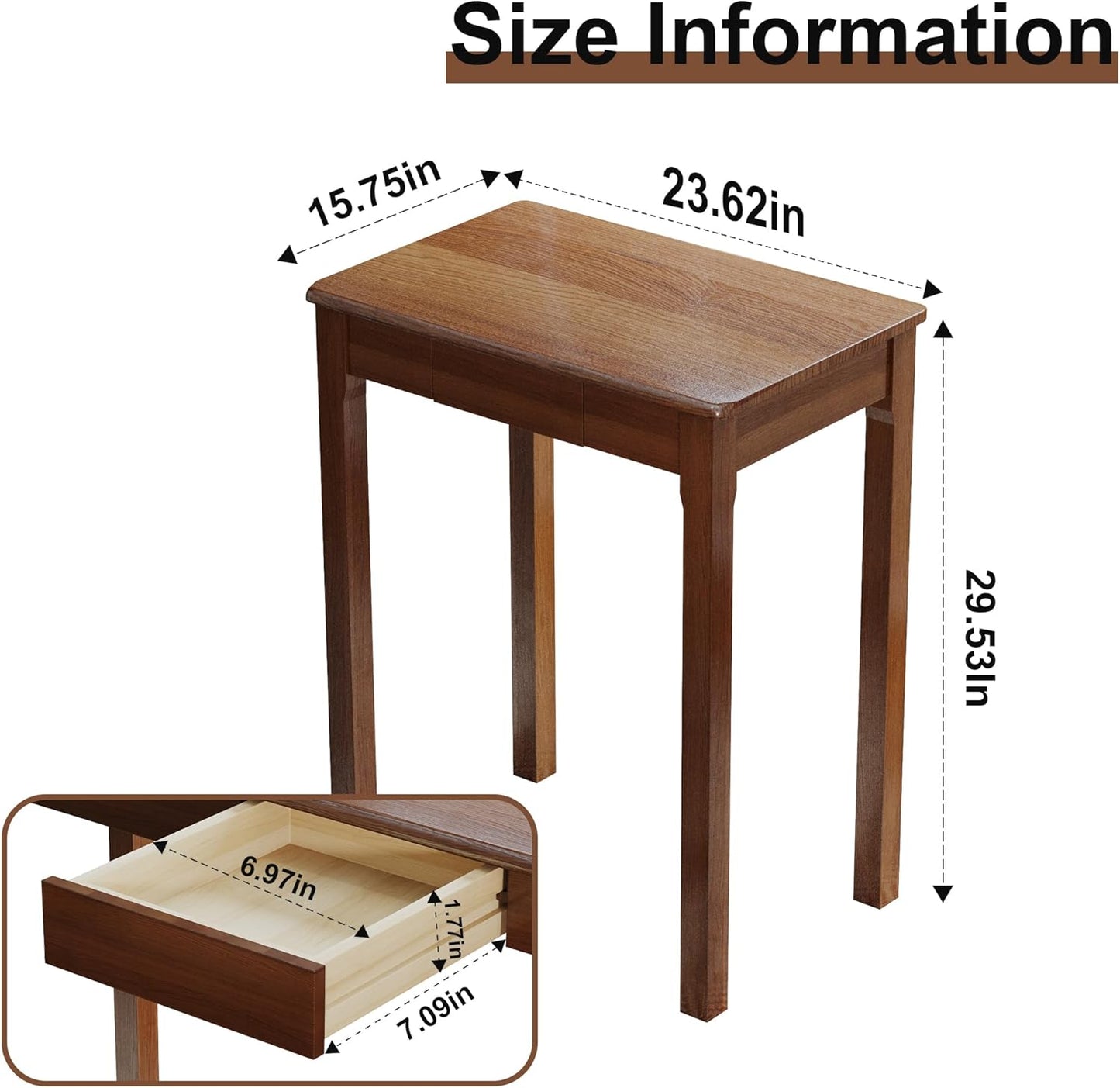 Solid Wood Desk with Drawers - 24 x 16 Inch Vintage Narrow Desks, Mid Century Modern Desks, Rubber Wood Study Table, Small Writing Desk for Bedroom|Small Spaces - Walnut Color