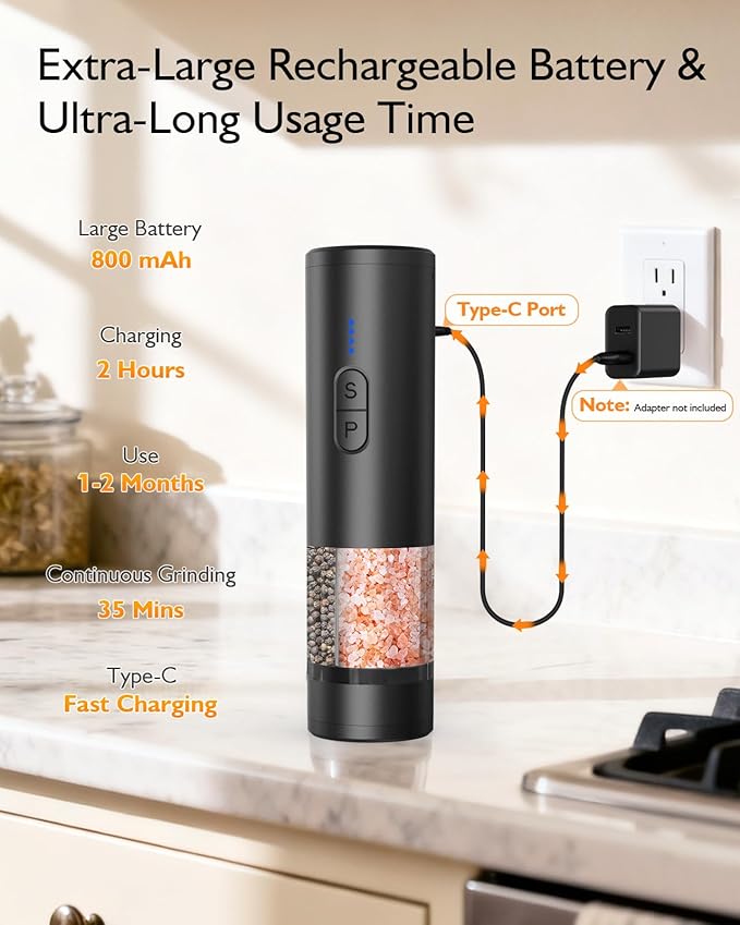 Electric Salt and Pepper Grinder Set, 2 in 1 Dual Bins USB Rechargeable Refillable Automatic Salt and Pepper Mill Shaker with LED Light, Dual Ceramic Grinder Adjustable Coarseness, House Warming Gift