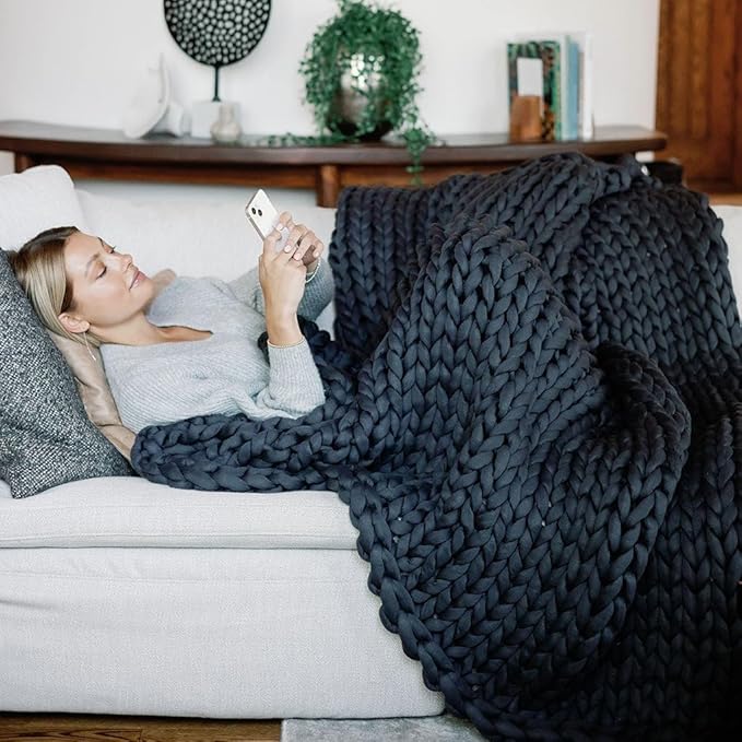 Nuzzie Chunky Knit Weighted Blanket - Breathable, Cooling, Hand Made Knit Throw Blanket for Sleep - Machine Washable, Stylish Design (Charcoal, Queen | 28lbs | 80"x80")