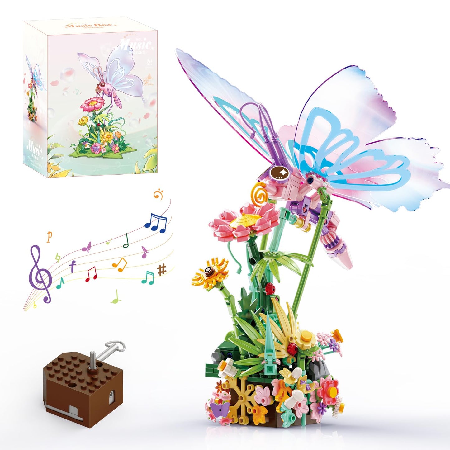 KAZI Butterfly Building Toy Set - Music Box for Girls & Kids Ages 8 Plus,DIY Insect and Flowers Crafts Kit for Home Decor,Living Room or Bedroom,Gifts for Insect Lovers, for Mom