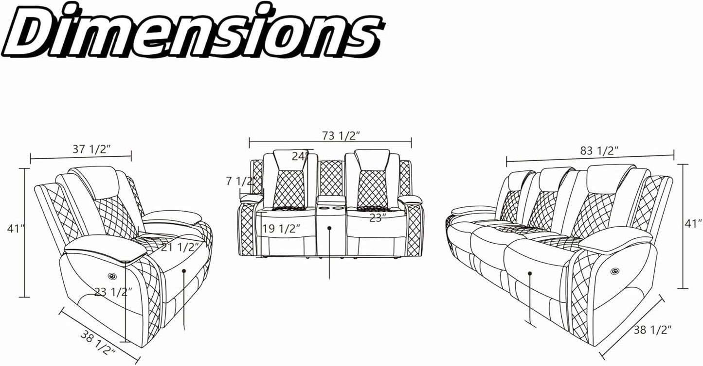 Leather Recliner Sofa Couch, 3-Seater Home Theater Seating Reclining Sofa, Power Reclining Couch with Cup Holders & Drop Down Table for Living Room Furniture Sets, White