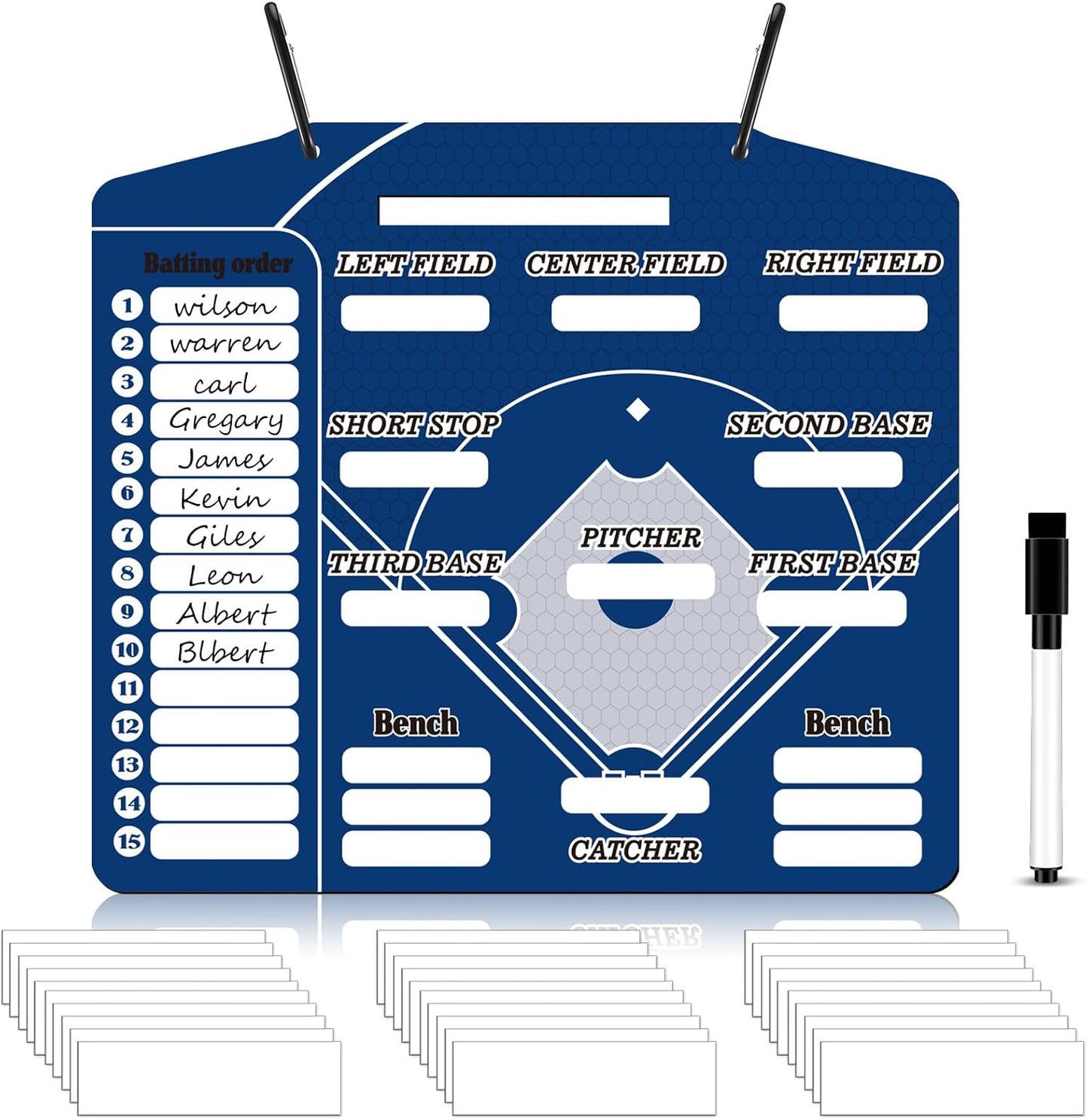 Geyee 34 Pcs Magnetic Baseball Lineup Board for Coach, Erases Easily Magnetic Dugout Board Softball Coaching Board with 30 Lineup Cards 2 Snap Hooks and Marker Pen
