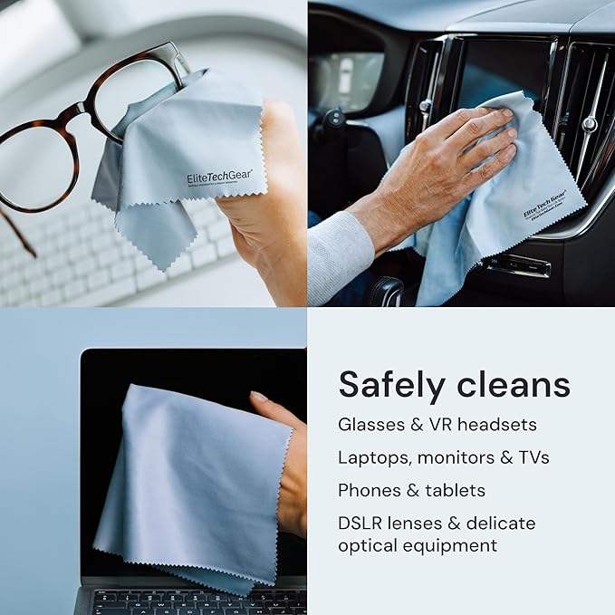 Elite Screens Oversized Microfiber Eye Glass Clean Cloths - 12" x 12", 4-Pack, Black - Streak-Free Lens Wipes - Portable Eye Glasses Cleaner Wipes