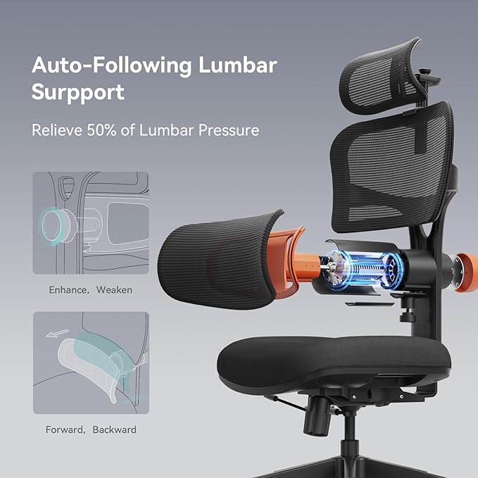 Newtral Ergonomic Office Chair with Fully Adaptive Lumbar Support, 136°Tilt Function, Computer Desk Chair with Soft 4D Armrest, Adjustable Headrest (Upgrade with Laptop Tray, Black)