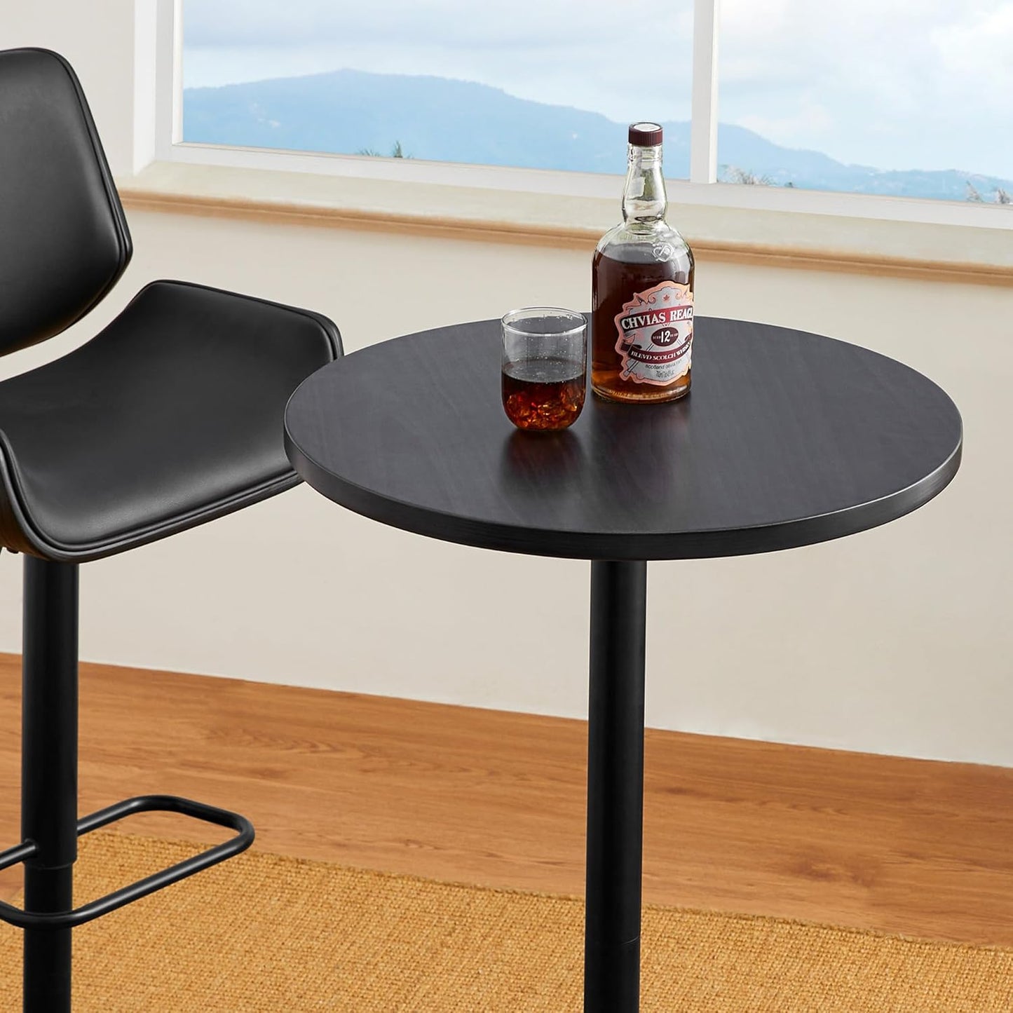 Glitzhome 39.5" H Round Bar Table Pub Table, Wood Top with Metal Leg and Base, Charcoal Gray Walnut Veneer Finish Bar Height Cocktail Table for Kitchen Island,Bistro,Restaurant (Charcoal Gray)