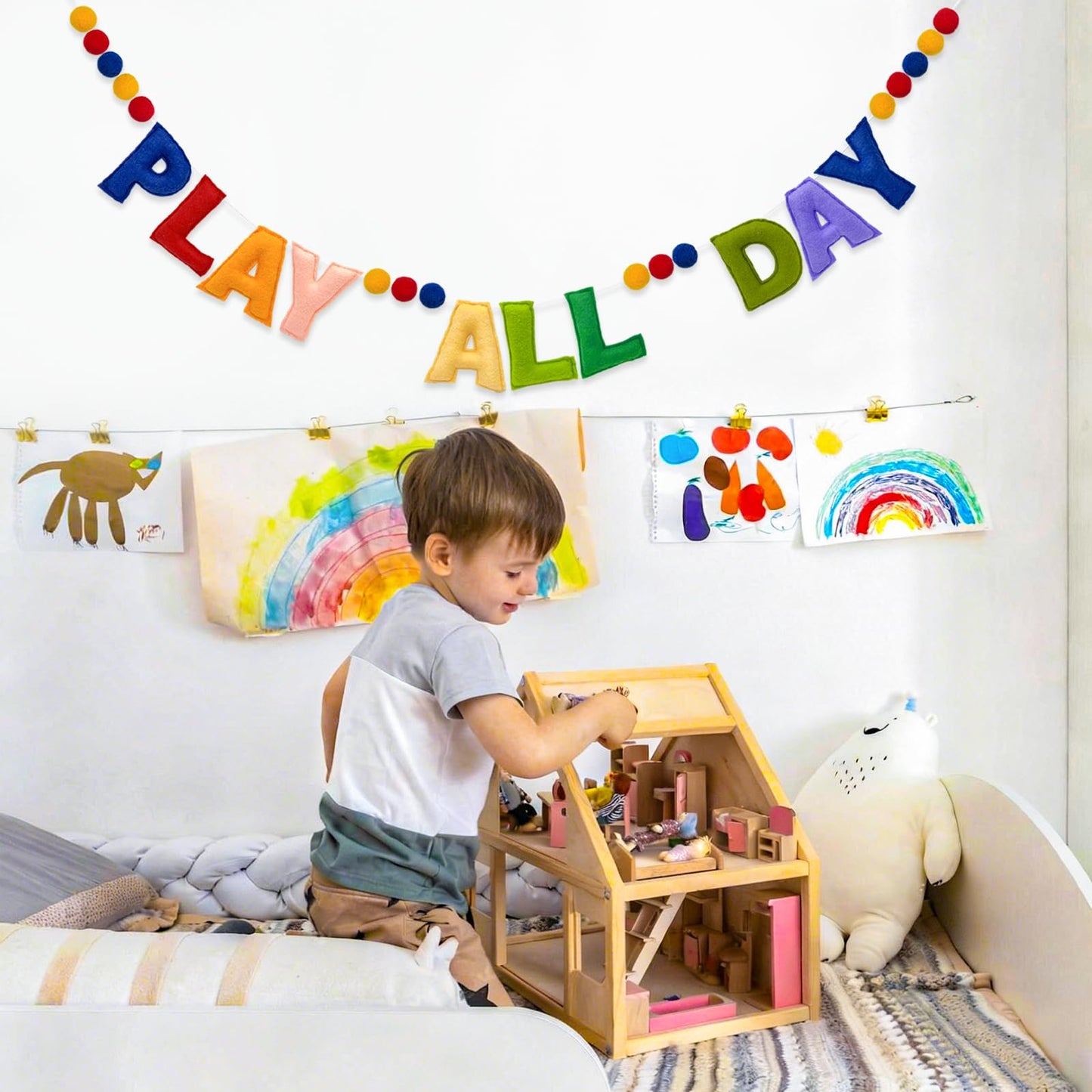 Pre-Strung Retro Play All Day Felt Banner Reusable Play Sign Play All Day Wall Hanging Felt Garland for Kids Nursery Playroom Wall Decor Boys Girls Playhouse Decor Toy Room Classroom Decoration