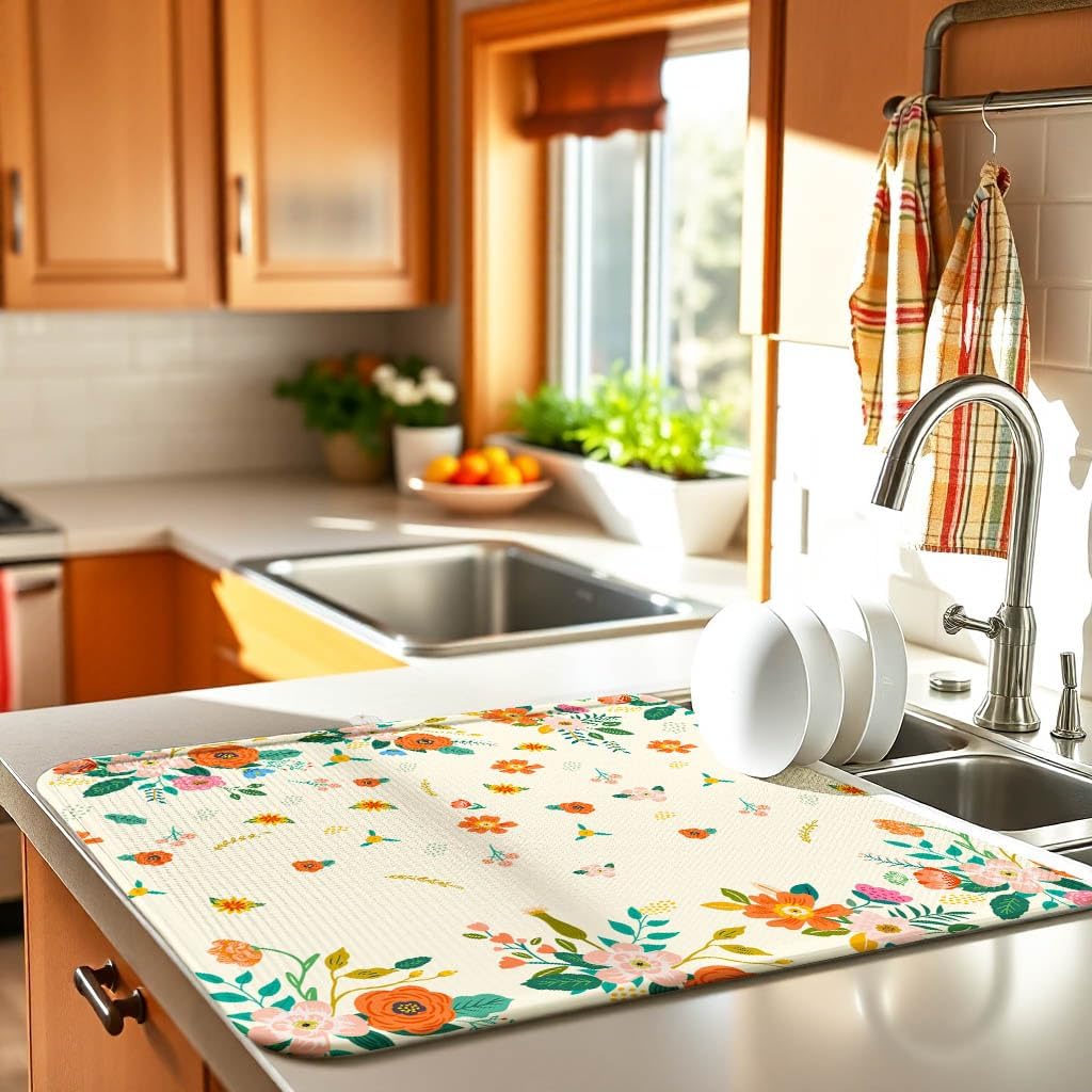 Yellow Floral Large Dish Drying Mats, Reversible Dish Drying Pads for Kitchen Counter Hanging on the Wall,18"x24" Extra Large Draining Mat Protect for Kitchen,Bar Counter,Coffee Make