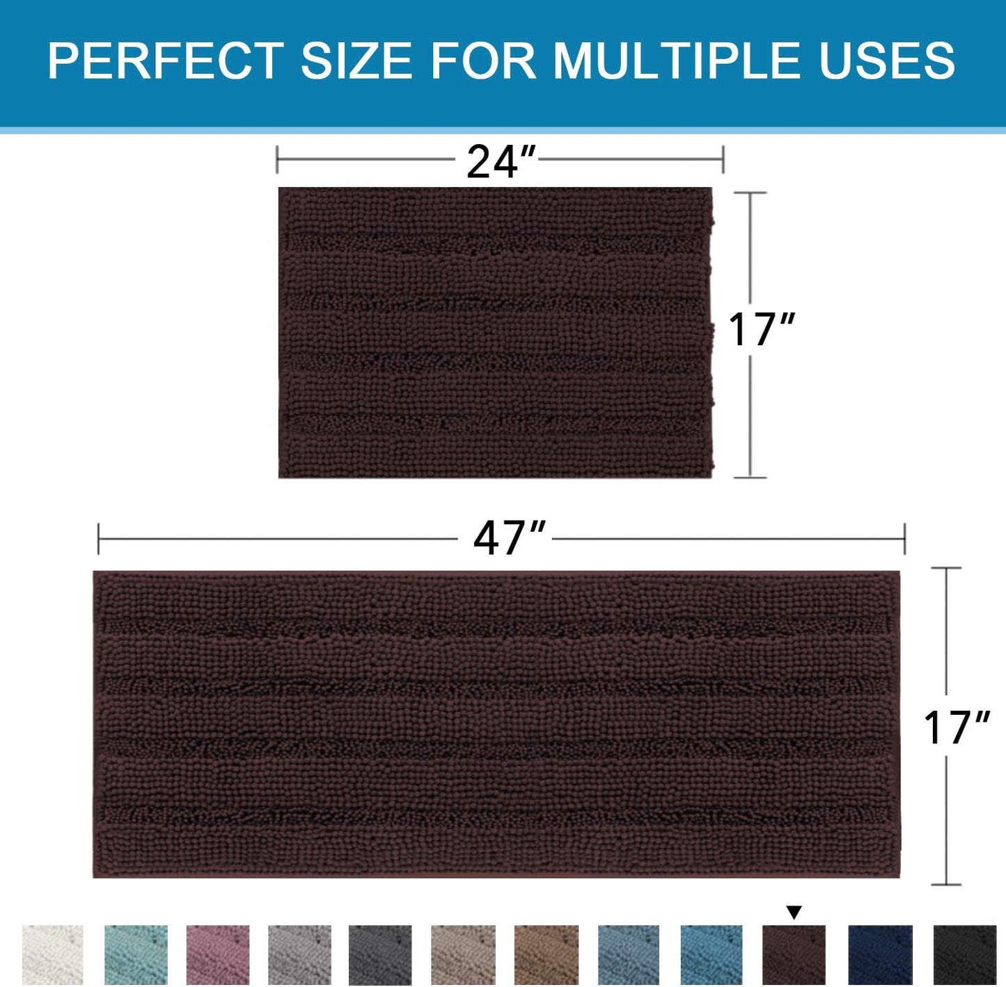 Non Slip Thick Shaggy Chenille Bathroom Rug Mat Set Extra Soft and Absorbent Striped Floor Rugs, 2 Piece, Machine-Washable