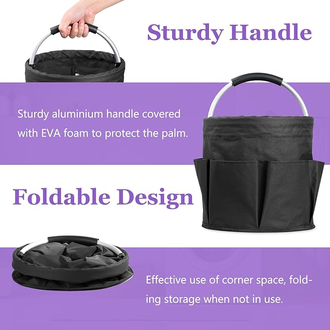 2Pack 17L Foldable Cleaning Supply Caddy for Family, Portable Shower Caddy with Handle and Pockets, Garden Tool Bag in 600D Oxford Fabric, Large Storage Basket for Dorm, Travel, Black + Pink