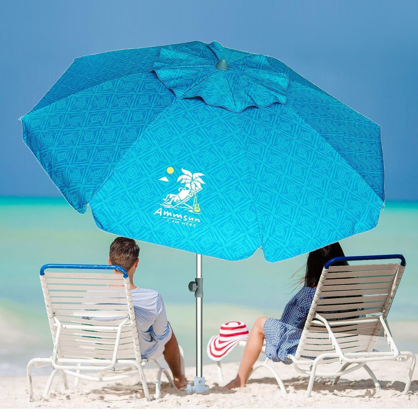 AMMSUN 7ft Heavy Duty High Wind Beach Umbrella with Sand Anchor & Tilt Sun Shelter UV 50+ Protection Outdoor Sunshade Umbrellas Carry Bag for Patio Garden Pool Backyard Teal