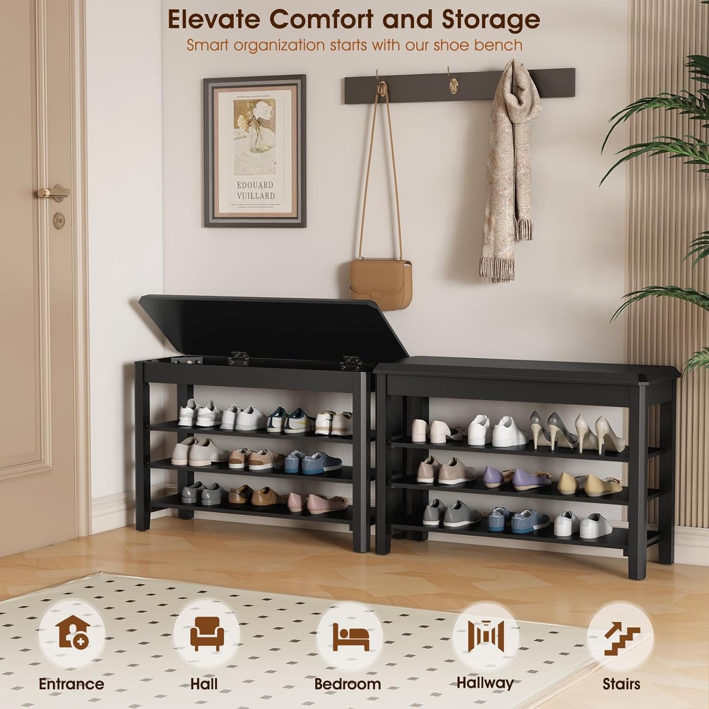 Shoe Rack Bench Seat Rubberwood 3-Tier Wooden Storage Bench 550lbs Compact Mid-Century Modern Design for Entryway, Hallway, Closet, Front Door Entrance, Foyer