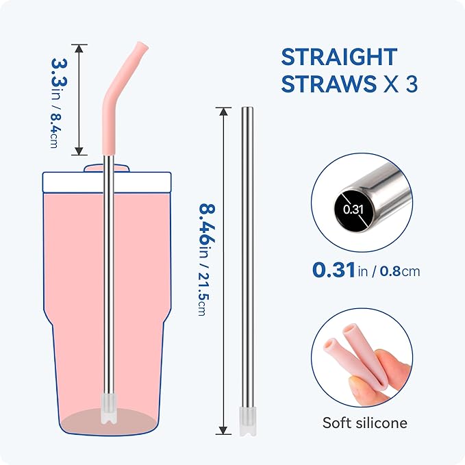 Reusable Metal Straws with Silicone Tip for Stanley 20oz,Stainless Steel Drinking Straws for 20oz Tumbler,3 Straight Tubes & 6 Tips& 1 Cleanr Brush(Tropical Teal)