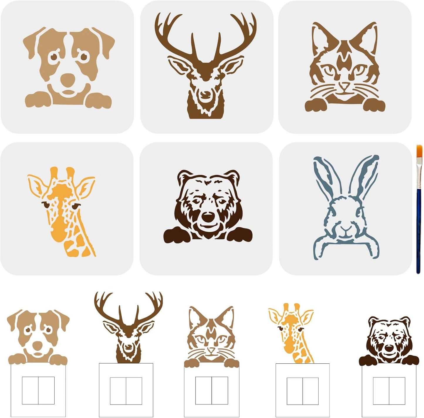 MAYJOYDIY 6pcs Animal Stencil Templates Dog Cat Deer Bear Rabbit Stencils 6×6inch with Paint Brush Reusable Animals Head Stencil for Painting on Wood Wall DIY Craft