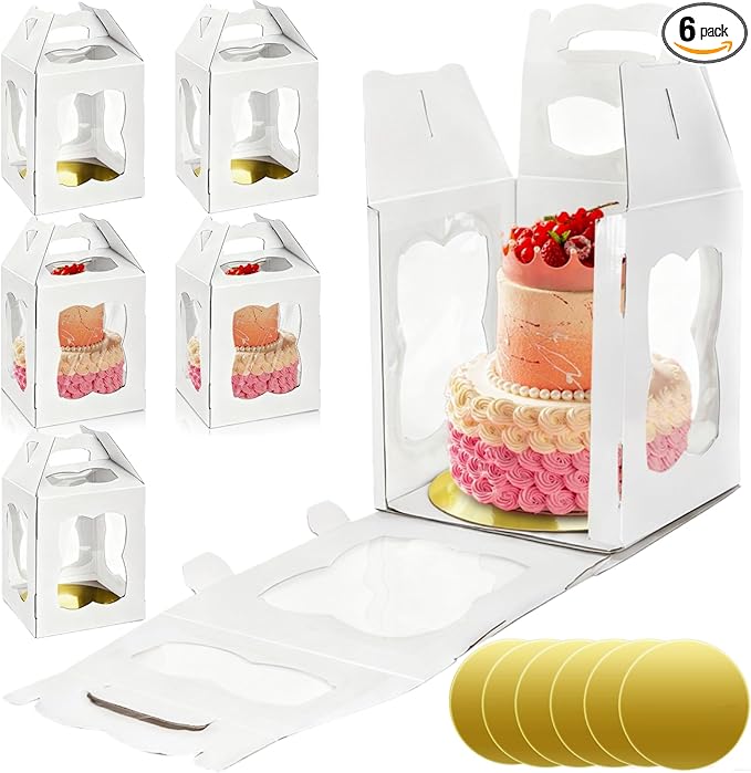 6 Pieces Tall Cake Boxes for Tier Cakes, 10''W x 10''L x 12''H Paper Bakery Carrier with Cake Board Window Handle, Disposable Large Layer Cake Safe Transport Box for Birthday, Wedding, Party