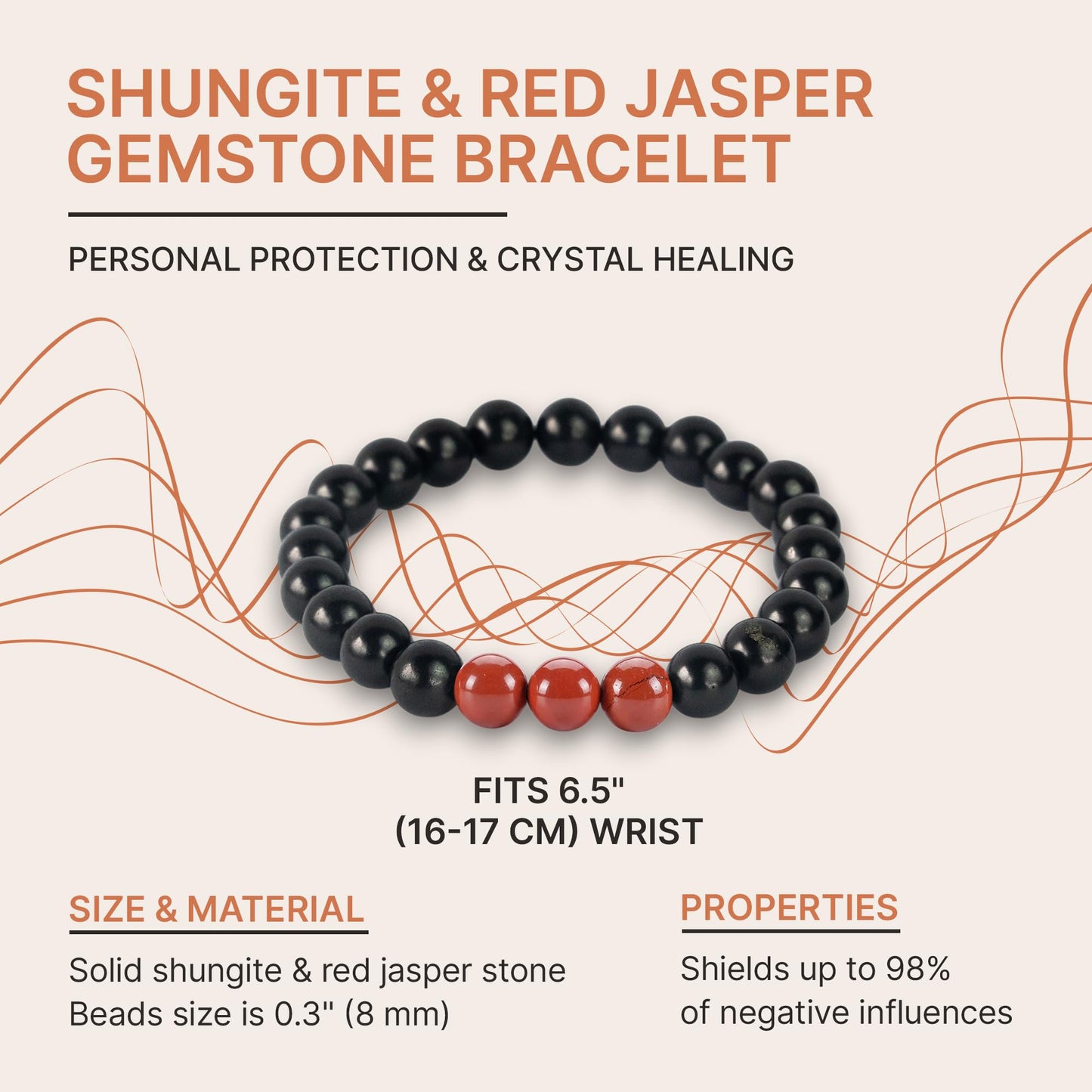 Karelian Heritage Black Shungite Beaded Bracelet, 8mm Handmade Stretchy Unisex, Crystal Healing Authentic Stone, Spiritual Chakra Balance Jewelry (Shungite & Red Jasper)