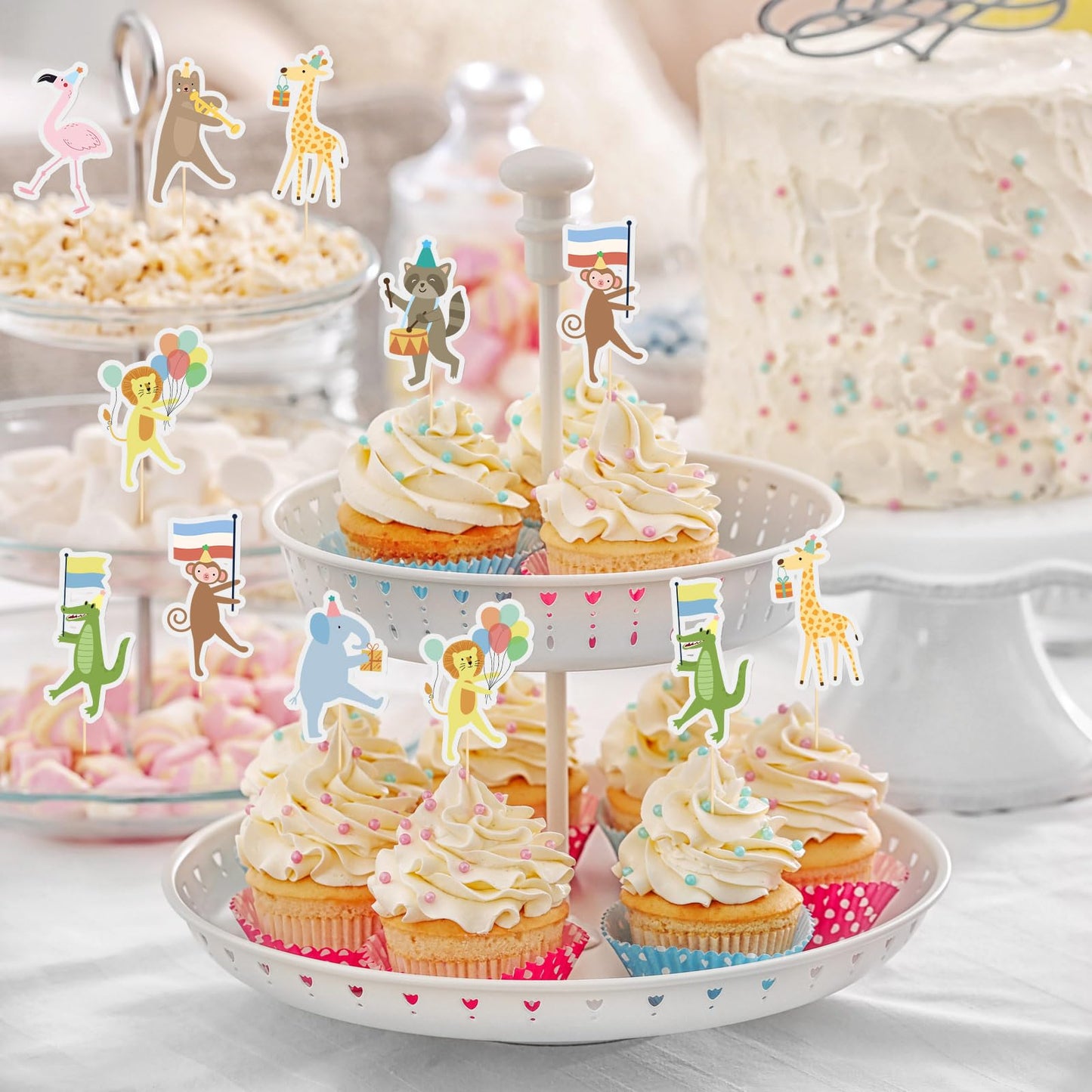 Potchen 148 Pcs Safari Cupcake Toppers and Rainbow Cupcake Liners Animal Parade Woodland Jungle Cake Decorations for Baby Shower Zoo Wild Animal Birthday Party Supplies