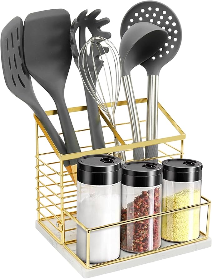 Utensil Holder for Kitchen Counter, Metal Utensil Holder Rack for Salt and Pepper Shakers for Kitchen Countertop, Cooking Tools Storage for Spatula, Large Utensil Organizer with Marble Base