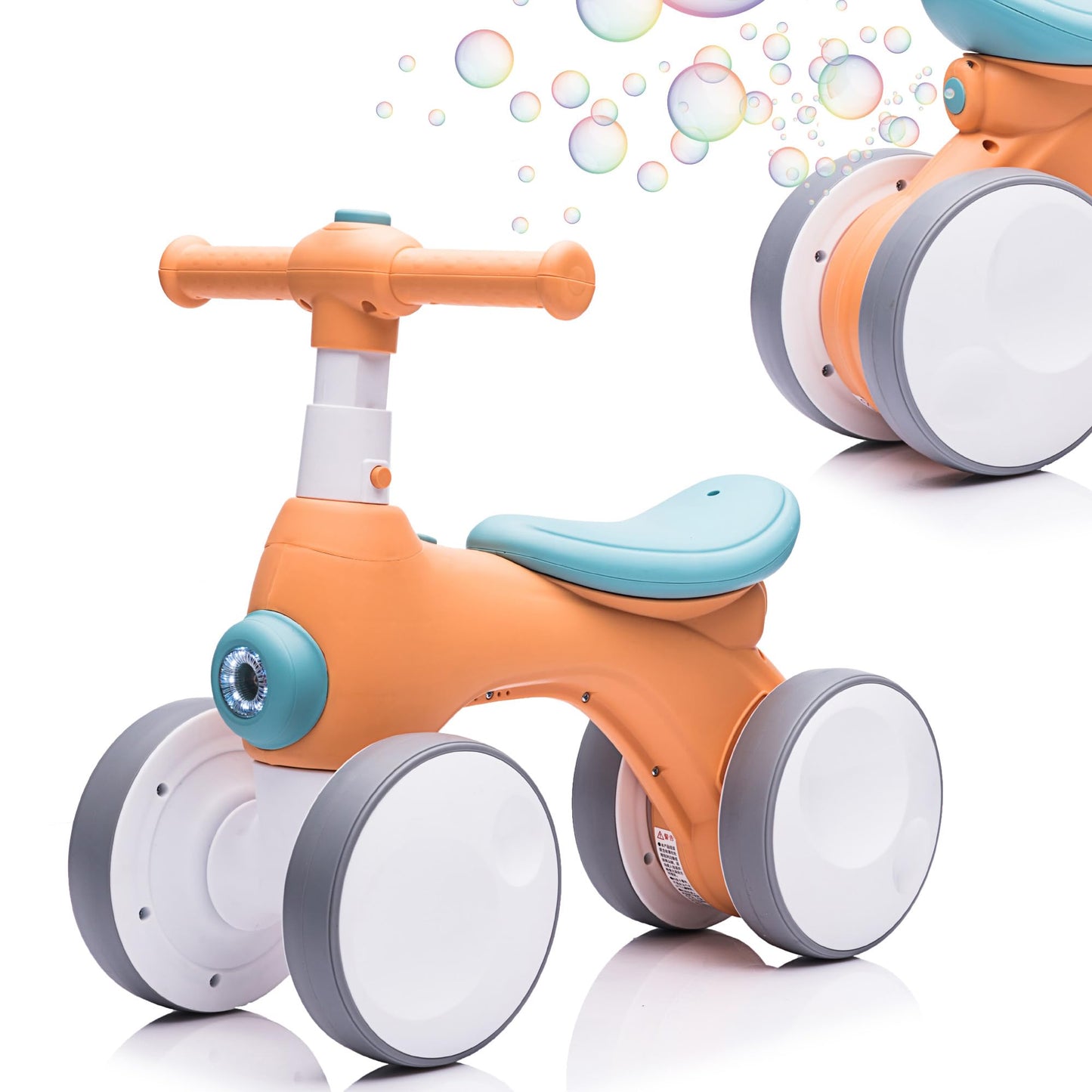 Baby Toddler Balance Bike with Bubble Machine for 1 Year Old Children,4 Wheels Kids Balance Bike w/Bubble Maker,Kids Ride on Toys,Headlight for Ages 12-36 Months Boys Girls (Orange&Green)