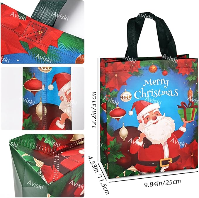 16PCS Christmas Tote Treat Non-Woven Gift Bags with Handles for Gifts Wrapping Shopping, Xmas Party Supplies, 12.2×9.8×4.53inch