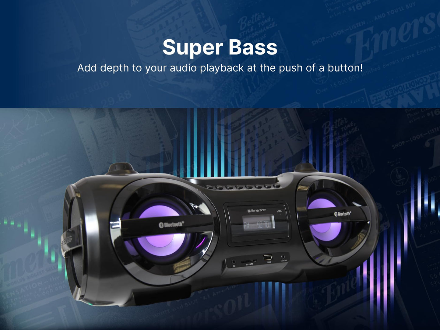 Emerson Epb-3005 Retro Portable Boombox Cd Player, Cassette, Am/Fm Radio, Bluetooth, Usb, Led Display, Aux-In, Headphone Jack, B