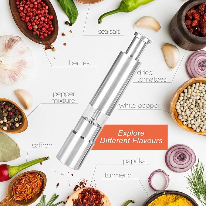 Stainless Steel Salt and Pepper Grinder Set, Manual Refillable Peppercorn Mills with Push Button, Thumb Grinder, Sliver White