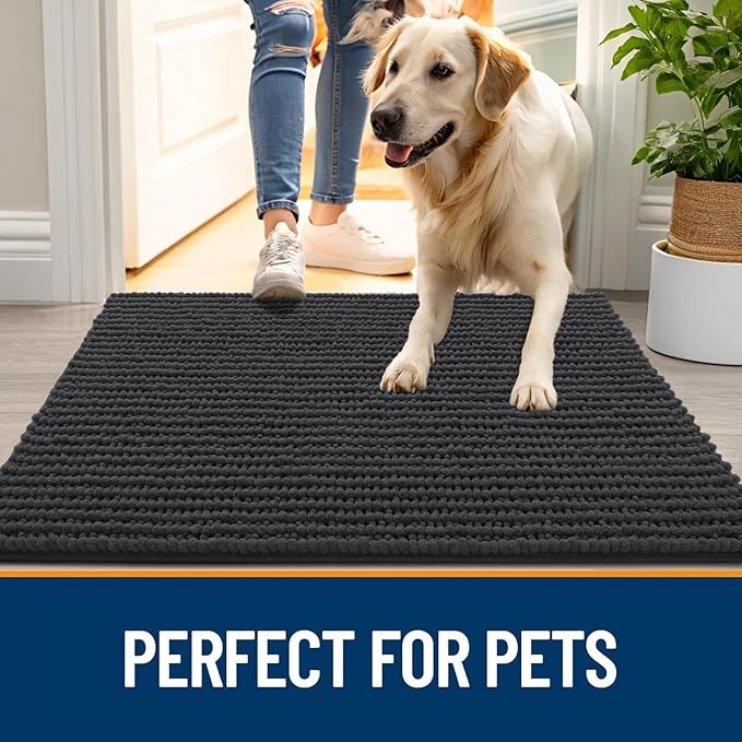 OLANLY Dog Door Mat for Muddy Paws 70x24, Ultra Absorbent Chenille Mud Doormat, Non-Slip Washable and Dirt Trapping Doormat for Indoor Entryway, Quick-Dry Indoor Pet Bed Mats for Dogs, Dark Grey