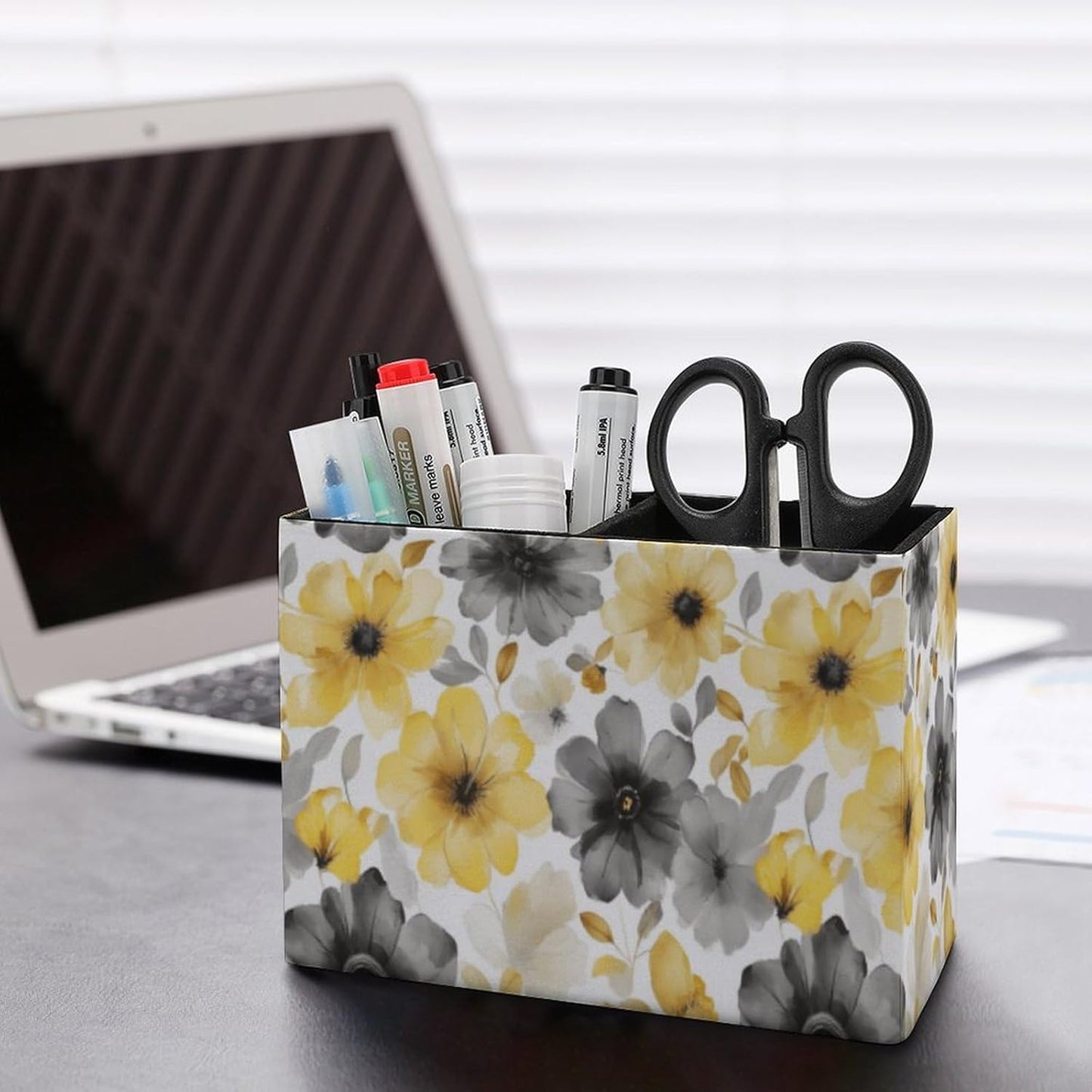 Floral Yellow And Lether Pen Holder for Desk Makeup Brush Holder Office Organizer Desk Accessory for School Office
