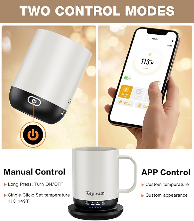 Kepwam Self Heating Coffee Mug T1-16oz Fast Heating & Ultra Long-Lasting Battery Life, Heated Coffee Mug Up to 149℉ - Touch & App Controlled Coffee Mug, Birthday Gifts for Women and Men