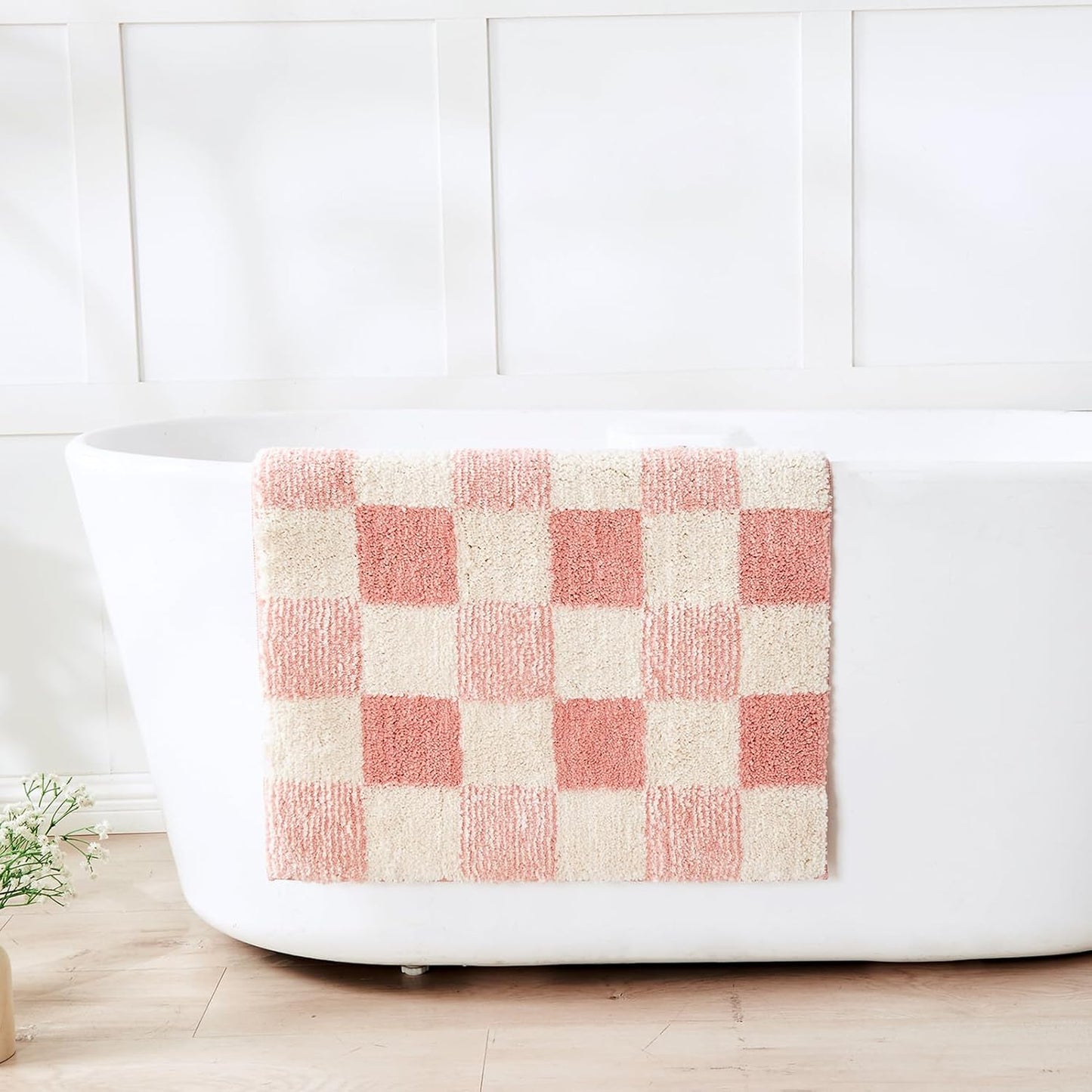 CozeCube Bath mats for Bathroom Non Slip, Fluffy Absorbent Microfiber Bath mat Washable, Aesthetic Bathroom Rugs, Long Blossom Pink Checkered Bath mat, Blossom Pink, 47" x 24"