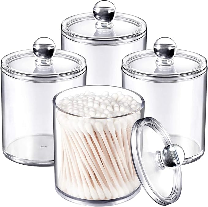 SheeChung 4 Pack. Plastic Acrylic Bathroom Vanity Countertop Canister Jars with Storage Lid, Apothecary Jars Qtip Holder Makeup Organizer for Cotton Balls,Swabs,Pads,Bath Salts (Clear, 12oz&10oz)