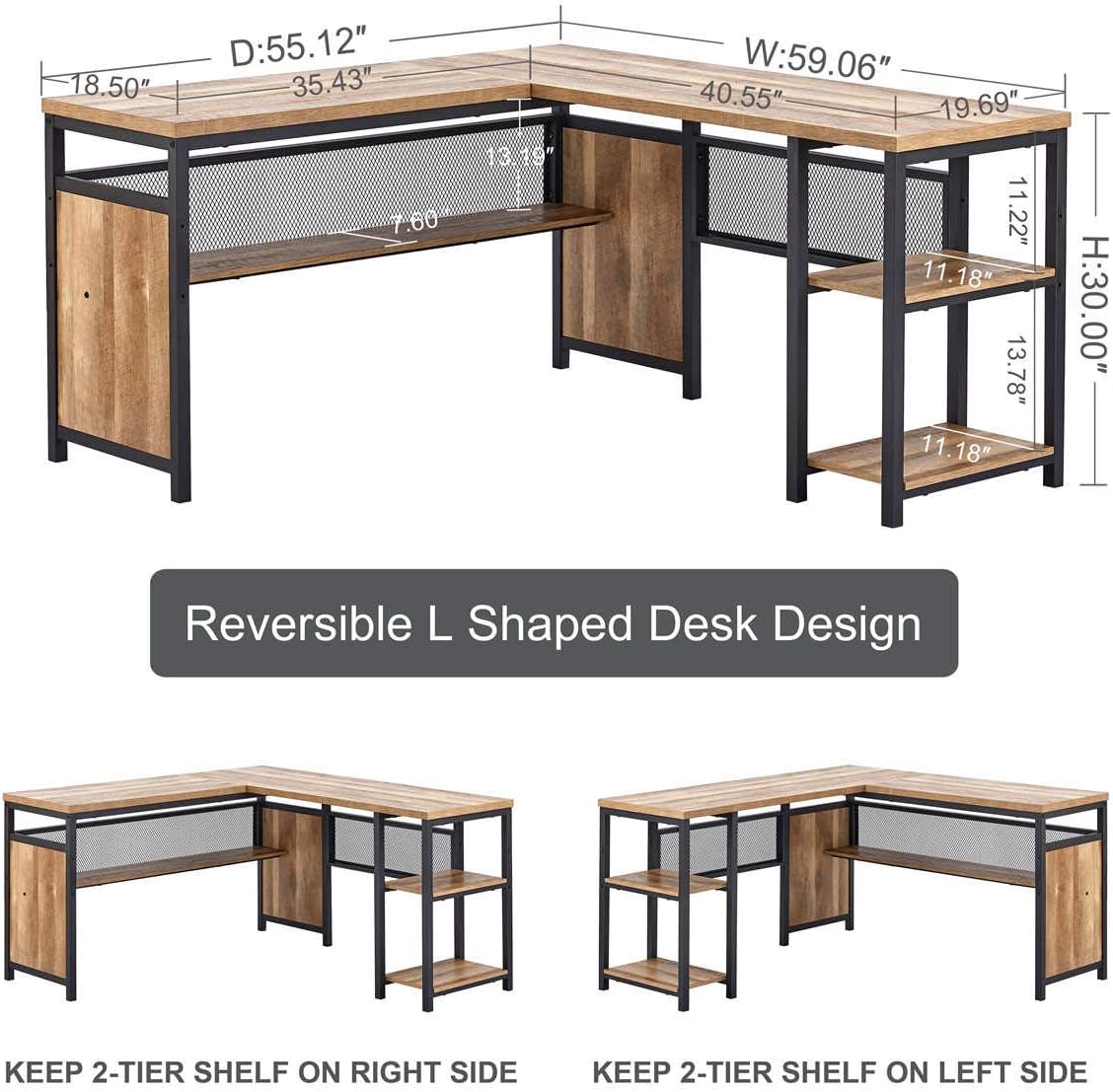 FATORRI L Shaped Computer Desk with Wood Shelves, Industrial Rustic Home Office Corner Desk with Metal Legs (Rustic Oak, 59 Inch)