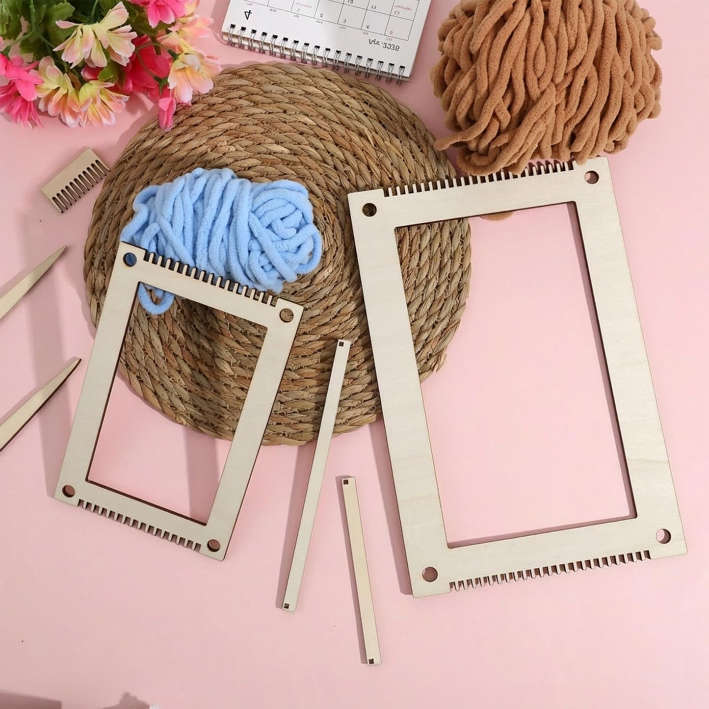 7 Pcs Rectangle Weaving Loom Kit, Wooden DIY Craft Small Weaving Loom Bookmark Looms with Wooden Stick, Comb, Crochet Needle for Beginners Adults, Creative Art Projects Gift for Mother's Day Birthday