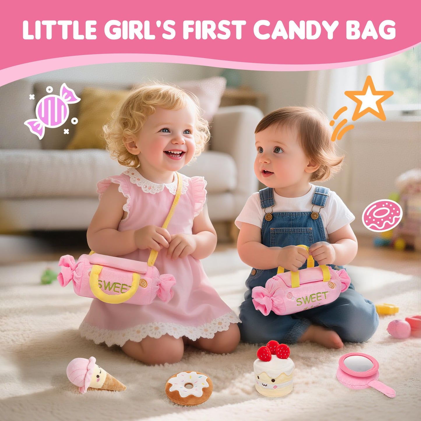 GNAYUIJ Baby Toys 6-12 Months,My First Candy Bag Plush Toy-5 Sensory dessert Soft Toys with Rattle, Crinkle Paper, Squeaker, Mirror,Busy Montessori Soft Toys for Toddlers,1st Birthday for Babies Girls