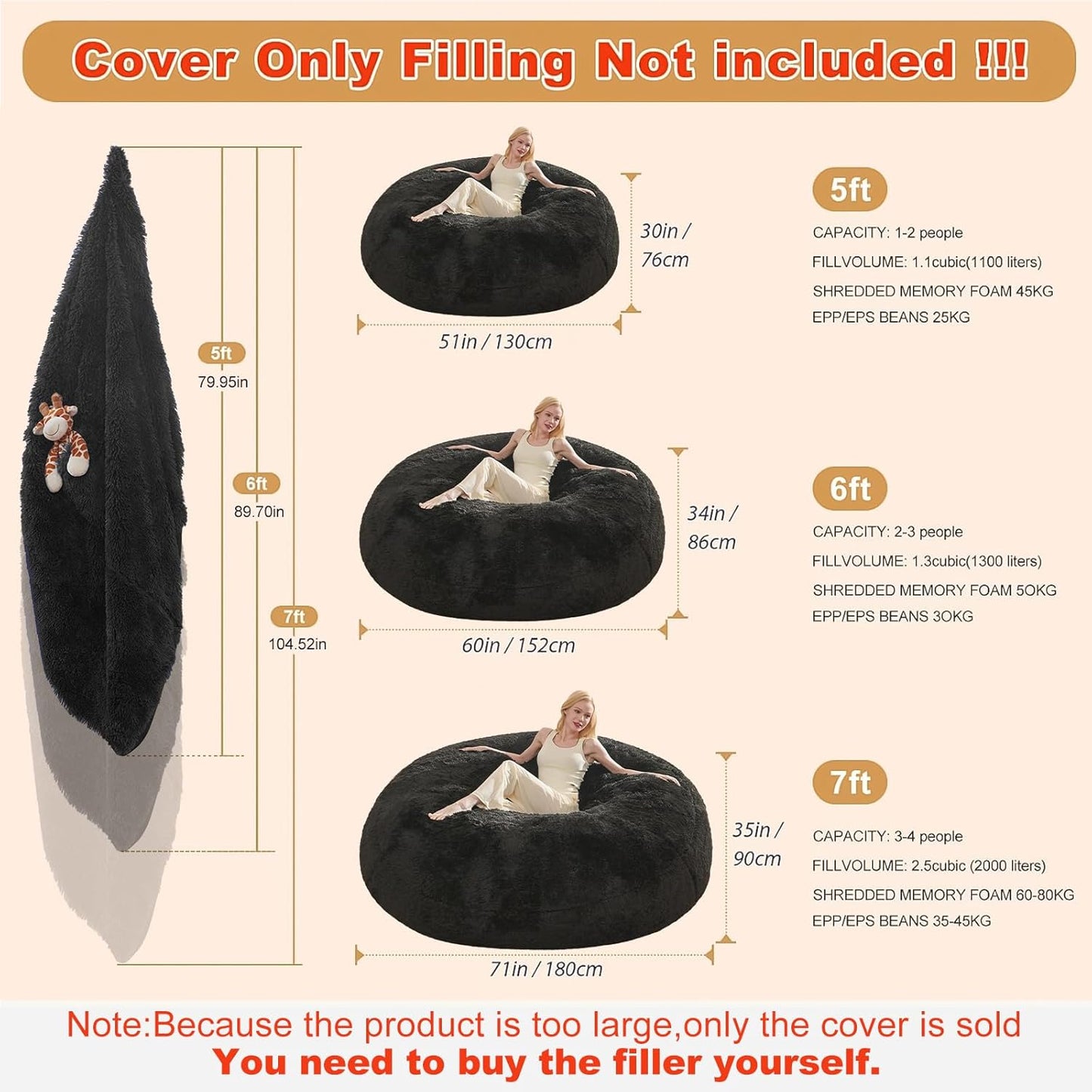 Bean Bag Cover(No Filler), Fluffy Beanbag Chairs Cover Only, Stuffed Animal Storage Bean Bag, Washable Lazy Sofa Beanbag Cover without Filler, 6FT, Black