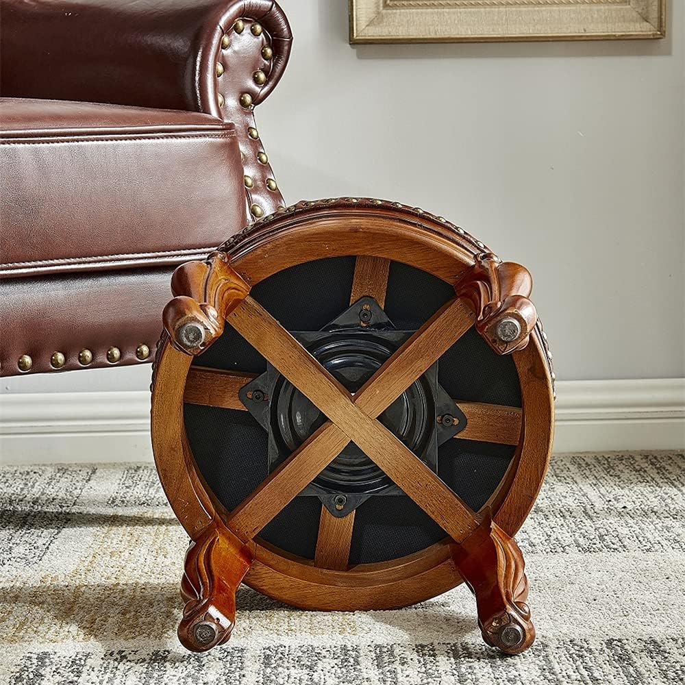 Solid Wood Foot Stool Round Ottoman Mid-Century Footrest Sofa Stool with Microfiber Leather Cushion for Living Room, Bedroom, Entryway (Dark Blue)